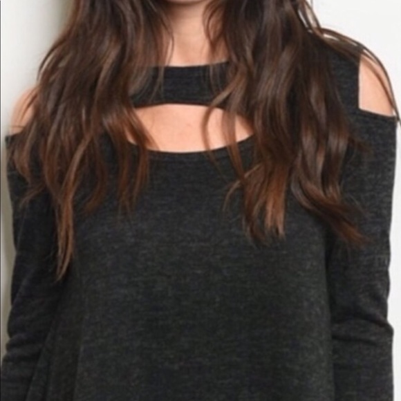 Charcoal Gray Cold Shoulder Soft Knit Top - Picture 2 of 6